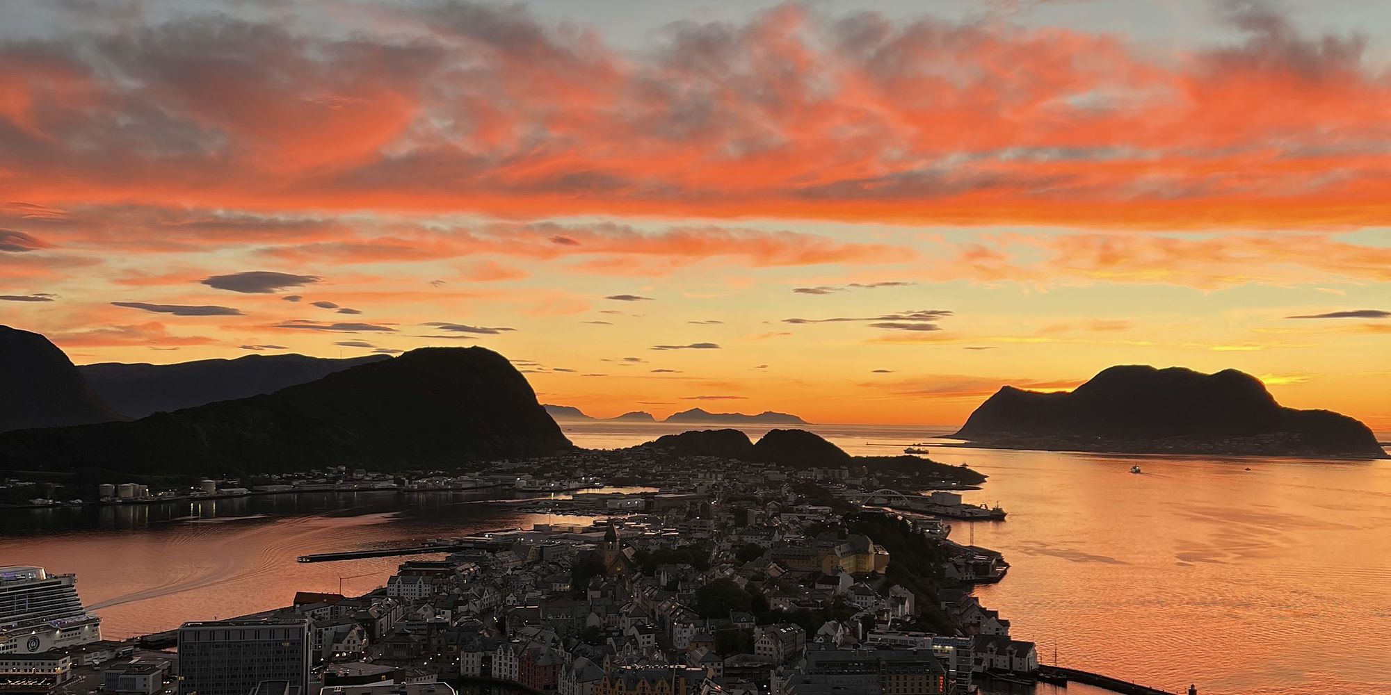 Ålesund at sunset, seen from Fjellstua — the harbour, the town and the islands towards the open sea